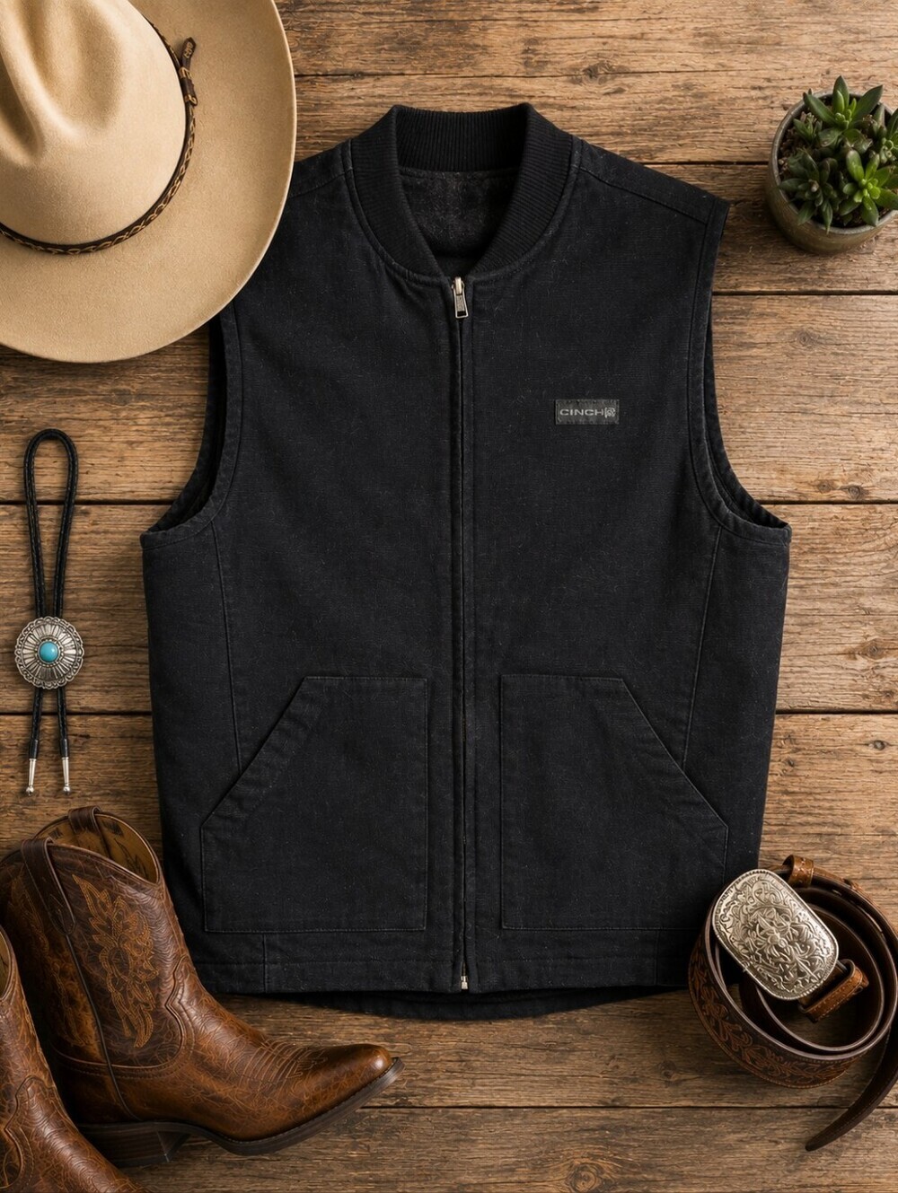 Cinch Black Sleeveless Reversible Zip Cotton Canvas Western Vest. Mens S